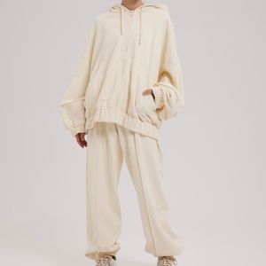 Nap Loungewear Cotton Zipped Hoodie Set, Ivory, Size M